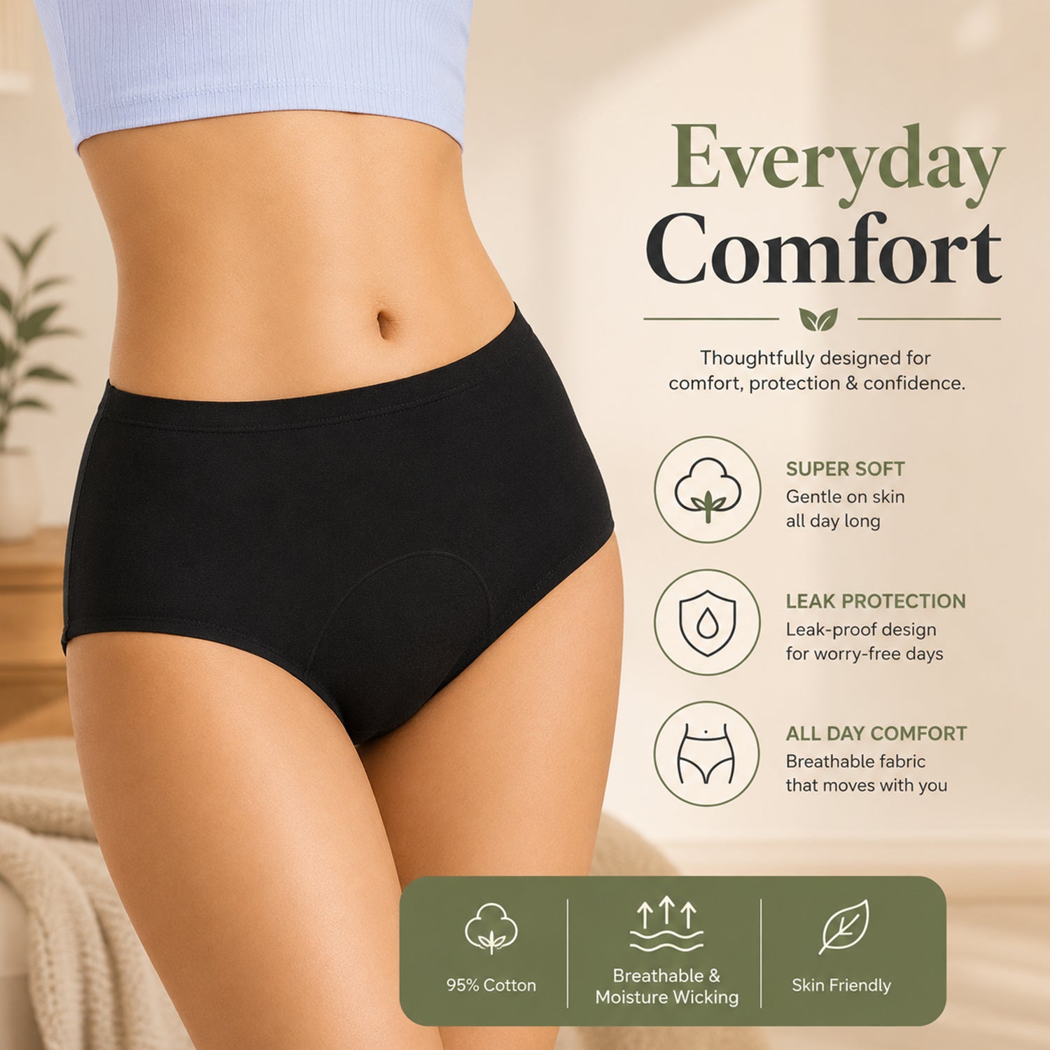 MILDCARES Reusable Period Panty for Women | Hipster Leak-Proof Underwear for Medium to Heavy Flow | 12-Hour Absorbent Full Coverage | Comfortable Maternity & Postpartum Protection – Black