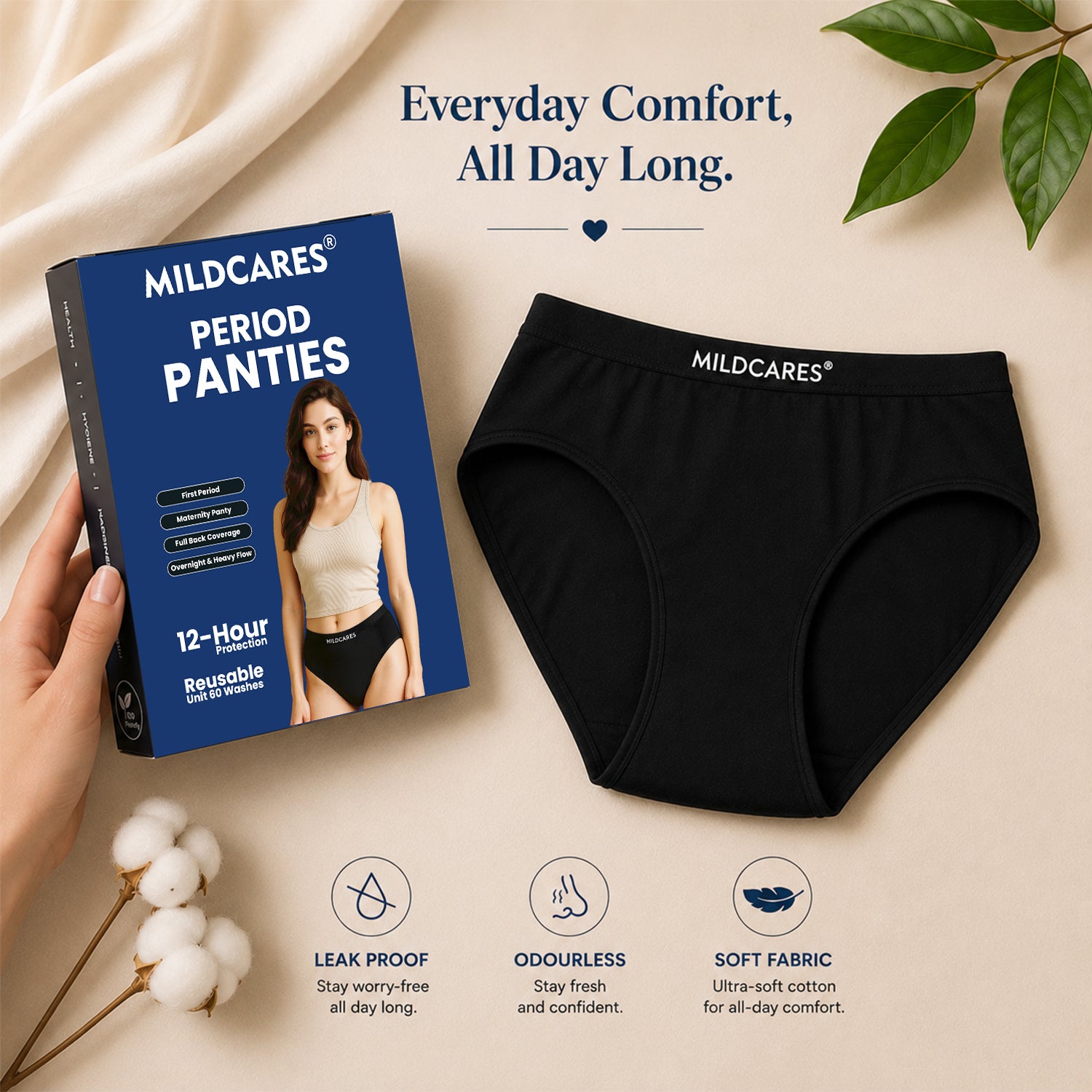 MILDCARES Reusable Period Panty for Women | Hipster Leak-Proof Underwear for Medium to Heavy Flow | 12-Hour Absorbent Full Coverage | Comfortable Maternity & Postpartum Protection – Black