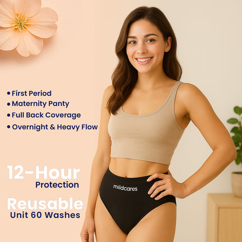 MILDCARES Reusable Period Panty for Women | Hipster Leak-Proof Underwear for Medium to Heavy Flow | 12-Hour Absorbent Full Coverage | Comfortable Maternity & Postpartum Protection – Black