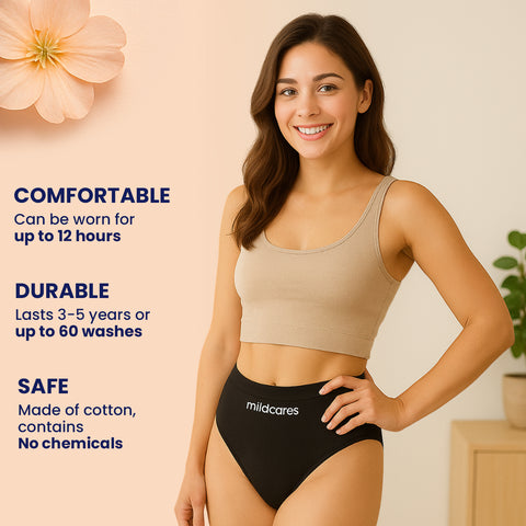 MILDCARES Reusable Period Panty for Women | Hipster Leak-Proof Underwear for Medium to Heavy Flow | 12-Hour Absorbent Full Coverage | Comfortable Maternity & Postpartum Protection – Black