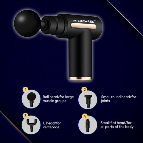 Mildcares Full Body Massage Gun for Pain Relief | Deep Tissue Percussion Massager |4 Heads 6-Speed, | 3200 RPM Motor | Type-C Rechargeable | Ultra Quiet & Portable Massager