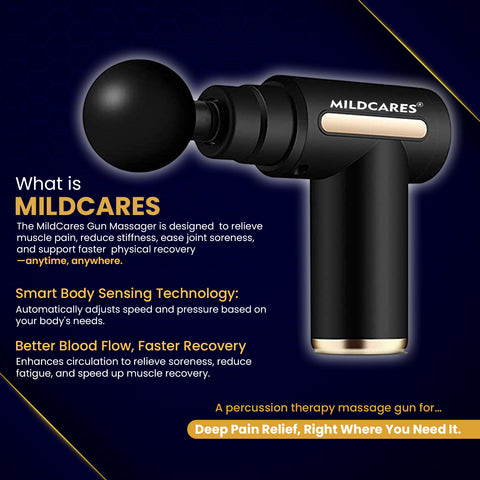Mildcares Full Body Massage Gun for Pain Relief | Deep Tissue Percussion Massager |4 Heads 6-Speed, | 3200 RPM Motor | Type-C Rechargeable | Ultra Quiet & Portable Massager
