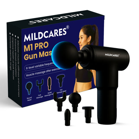 Mildcares Full Body Massager Gun for Pain Relief | Deep Tissue Therapy | 6-Speed Settings, 4 Heads, Rechargeable Silent Motor – Electric Massager for Pain Relief Massager  (Black)
