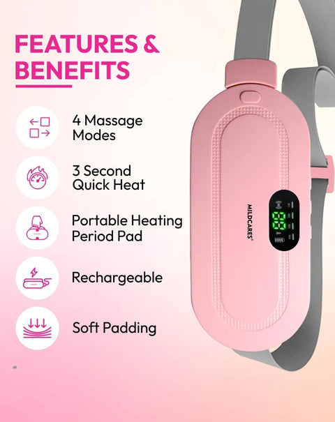 Mildcares Period Pain Relief Massager with Heating Pad | Cordless Menstrual Cramp Belt for Women & Girls Rechargeable Electric Massager Portable & Adjustable Heat Therapy Massager